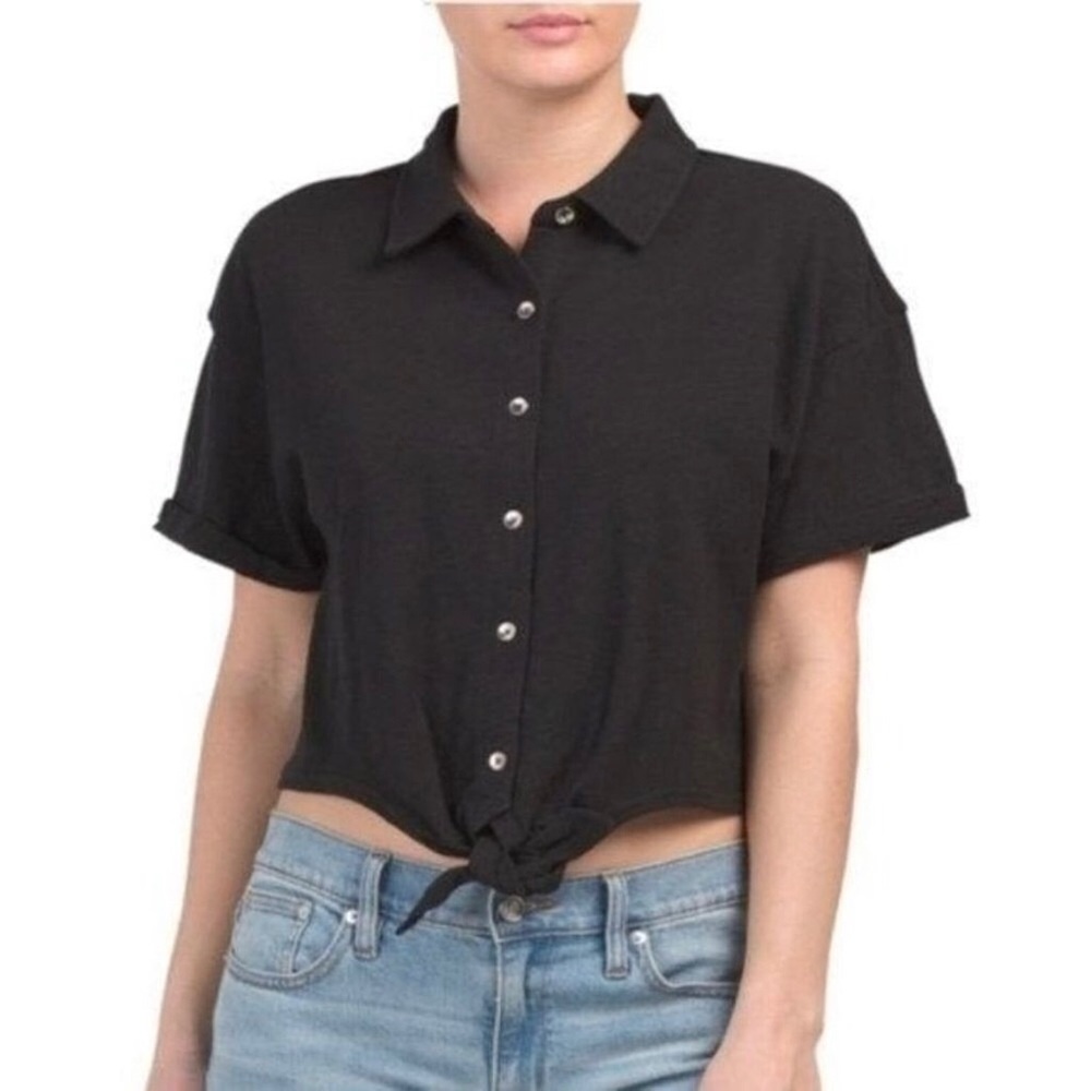 Splendid Tie Hem Button Front Black Top Cropped Short Sleeve Small